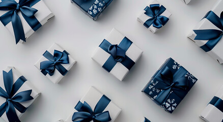 A flat lay composition of blue and white gift boxes with dark blue ribbons