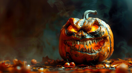 ai generated image of a halloween monster in style of beautiful grotesque, pumpkin monster, glowing lights, autumn colors - 774455281