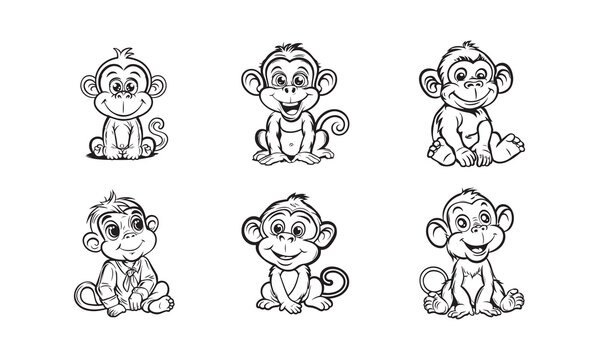 Set of Cartoon Monkey black vector outline line art clipart silhouette. Stroke illustration design white background