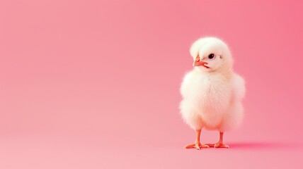 A fluffy white chick standing alone against a soft pink background