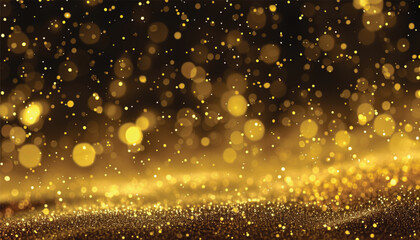 Naklejka premium Golden abstract bokeh on a black background. Holiday concept. Abstract luxury swirling gold background with gold particles. Christmas Golden light shine particles. Gold foil texture.