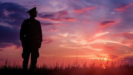 Silhouette of a soldier standing in field at sunset, with vibrant sky the background