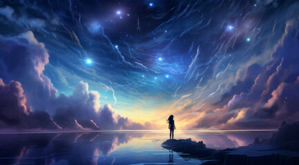 Dreamy girl admires vast celestial panorama in stunning
