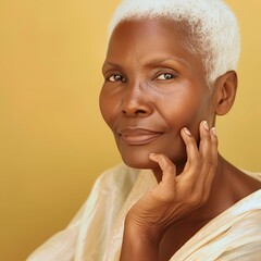 This skincare portrait radiates happiness, featuring a beaming African model aged 60, her blond hair set against a soft gradient backdrop