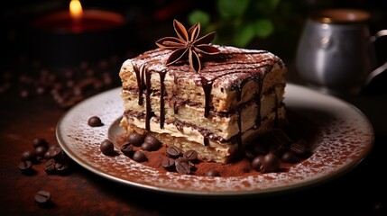 Italian-inspired cake with a tiramisu-like coffee and cocoa flavor, dusted with cocoa powder and decorated with ladyfingers.