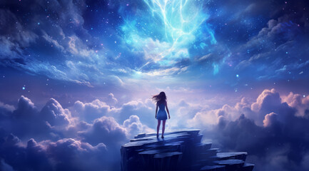 Mysterious girl amidst celestial clouds in enchanting