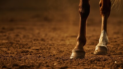 Close-up of a horse's hooves with protective bandages on dusty ground