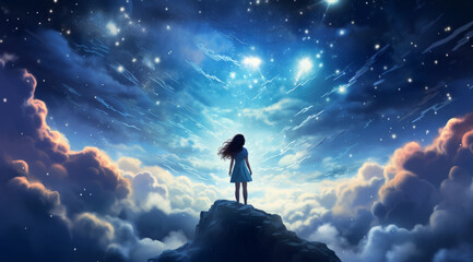 Ethereal girl gazes at vast night sky in captivating
