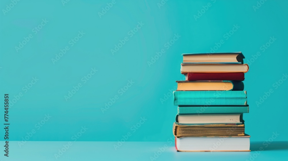 Poster a stack of colorful books against a blue background with copy space on the right
