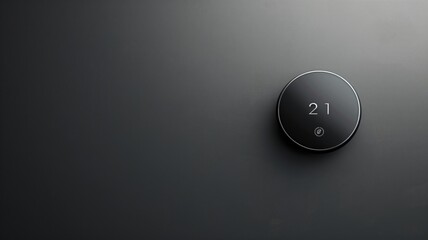 A modern, smart thermostat set to 21 degrees on a dark wall - obrazy, fototapety, plakaty