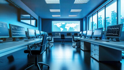Modern control room with multiple computer screens displaying data, maps, and graphs, in a blue-lit environment