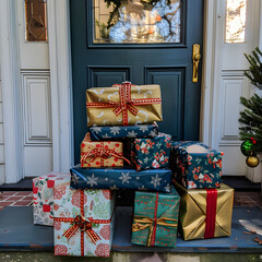 Christmas presents on the porch of a front door 