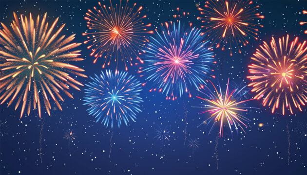 Silvester Sylvester Festival Party New Year, New Year's eve 2025 fireworks background banner panorama - Explosion, firework pyrotechnics isolated on dark black night sky