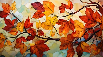 Autumn Leaves Stained Glass Artistic Vibrant Colorful Nature Backdrop