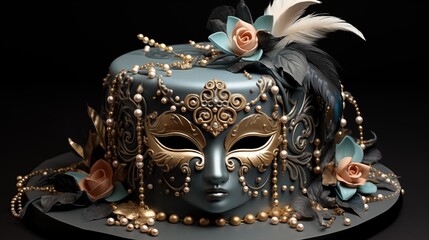 Masquerade ball-themed cake decorated with fondant masks, feathers, and edible jewels.