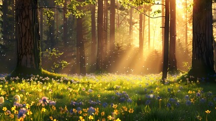 Enchanted Forest Sunrise Light Rays Wildflowers Tranquility