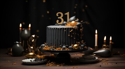 Fototapeta na wymiar Matte black cake with metallic gold lettering spelling out the birthday age.