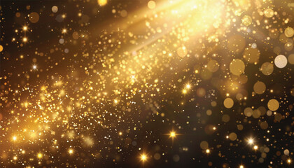 Fototapeta na wymiar Golden abstract bokeh on a black background. Holiday concept. Abstract luxury swirling gold background with gold particles. Christmas Golden light shine particles. Gold foil texture.