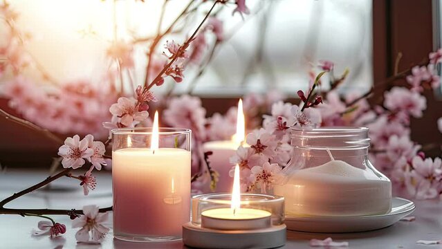 Scented candles and pale pink cherry blossom on table, window in background.