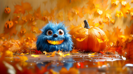 ai generated image of a halloween monster in style of beautiful grotesque, pumpkin monster, glowing lights, autumn colors - 774456835