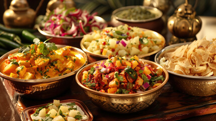 Indian cuisine. A table full of food with a variety of dishes including a bowl of rice
