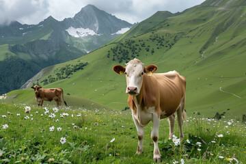 Obraz premium Two cows standing in a green field with mountains in the background