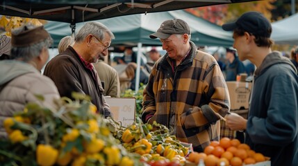 Obraz premium Farmer-market interaction, with cultivators discussing data-driven approaches
