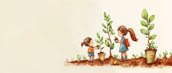 Children planting trees, illustration, earth day concept, save the planet