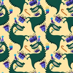Cartoon monsters dragon seamless birthday crocodile pattern for wrapping paper and fabrics and linens and kids