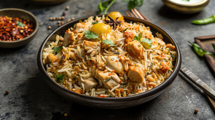  food photography of chicken biryani in a bowl, on a dark grey background with a fork, colorful spices around the rice, - obrazy, fototapety, plakaty