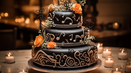 Music-themed cake decorated with musical notes and instruments.