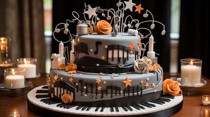 Music-themed cake decorated with musical notes and instruments.