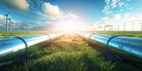 A large steel pipe runs across the grass and a blue sky in the background - obrazy, fototapety, plakaty