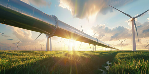 A large steel pipe runs across the grass in front of wind turbines
