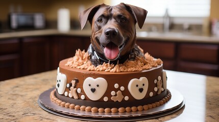 Pet-themed cake decorated with fondant paw prints, bones, and a portrait of the pet.