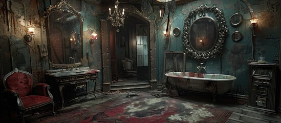Victorian Dressing Room in a Haunted Mansion with Antique Mirrors and Ghostly Apparitions - obrazy, fototapety, plakaty