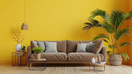 a cozy living room with modern furnishings against a vibrant yellow wall.