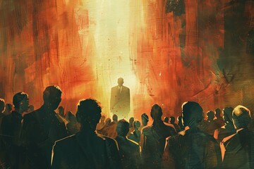 A painting depicting a man standing in front of a crowd of people, illustrating recruitment tactics used by cults. Generative AI