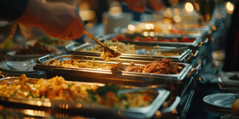 Lavish Buffet Spread: Long Table Overflowing with Culinary Delicacies