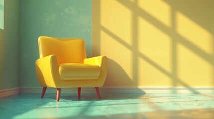 A yellow chair sitting in a room with sunlight coming through the window, AI