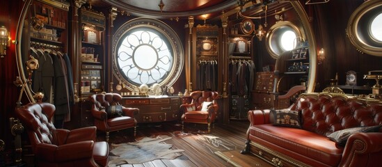 Victorian Dressing Room Elevated A Steampunk Airship Cabin Exuding Elegance - obrazy, fototapety, plakaty