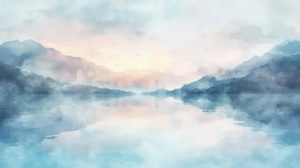 Schilderijen op glas A serene watercolor landscape texture, blending the tranquil beauty of Lakeland with soft, dreamy hues created with Generative AI Technology © Sentoriak
