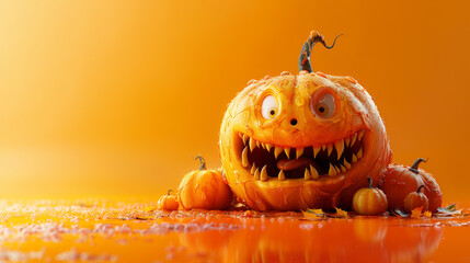 ai generated image of a halloween monster in style of beautiful grotesque, pumpkin monster, glowing lights, autumn colors