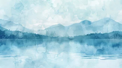 Schilderijen op glas A serene watercolor landscape texture, blending the tranquil beauty of Lakeland with soft, dreamy hues created with Generative AI Technology © Sentoriak