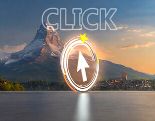 CLICKロゴとアルプスマッターホルンの夜明けの大自然風景 - obrazy, fototapety, plakaty