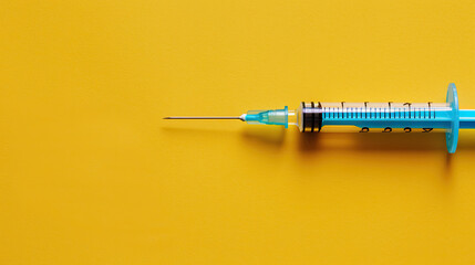 vaccine syringe on yellow background, world Immunization Week, April 24-30 , Immunization awareness month card banner portrait 