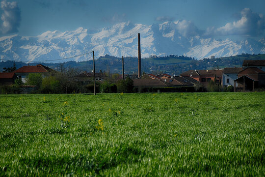 The Cascinagrossa furnace and the snow-capped Alps in the background. Alessandria, Piedmont, Italy