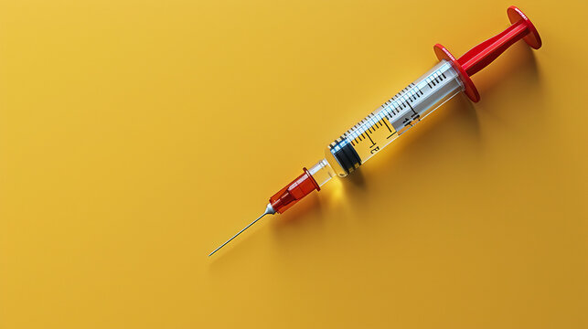 vaccine syringe on yellow background, world Immunization Week, April 24-30 , Immunization awareness month card banner portrait 