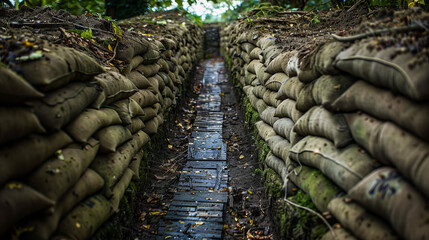 Rows of sandbags lining the trenches of World War One, located in Belgium. - obrazy, fototapety, plakaty