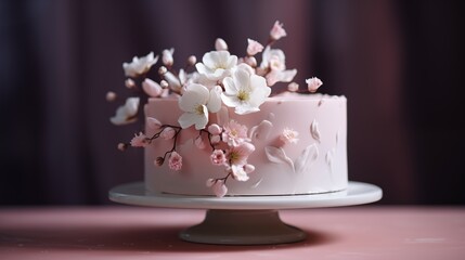 Single-tier cake with a textured buttercream finish and delicate sugar flowers in soft colors.